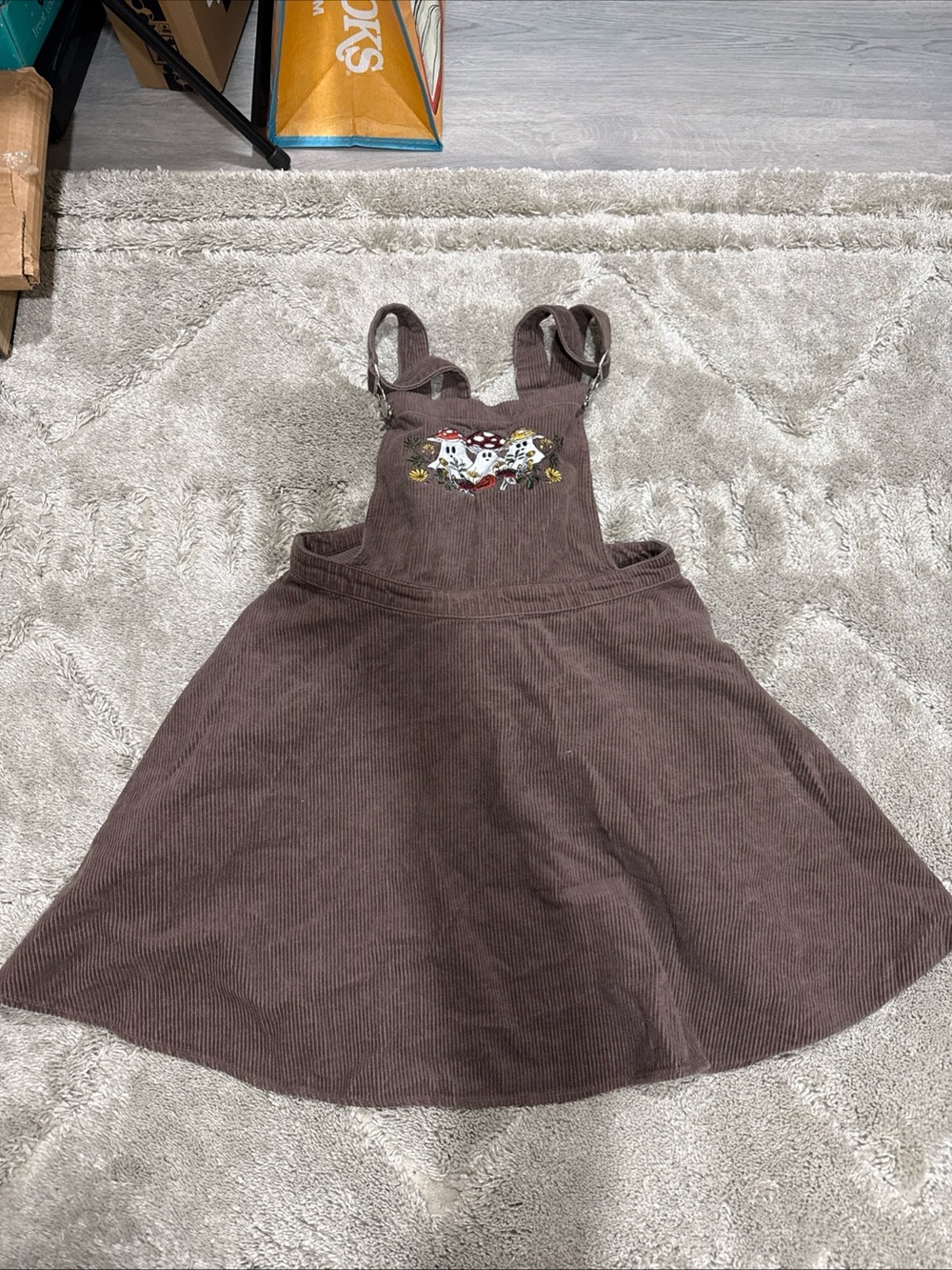 Girl suspender dress brown with mushroom ghost corduroy ish Sz M